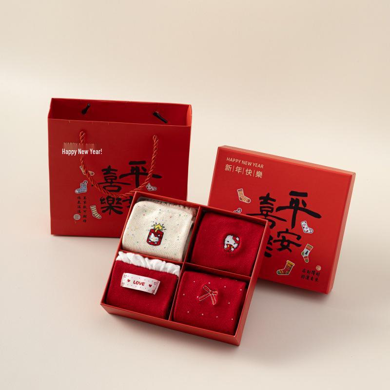 New Year Women's Lucky Red Cat Mid-Calf Socks Gift Box Set
