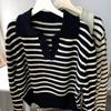 Women V-Neck Stripe Contrast Sweater Autumn Winter Soft Polo Neck Short Pullover Bat Sleeve Sweater