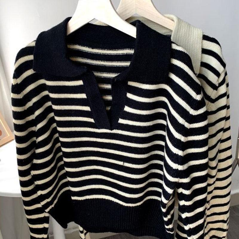 Women V-Neck Stripe Contrast Sweater Autumn Winter Soft Polo Neck Short Pullover Bat Sleeve Sweater