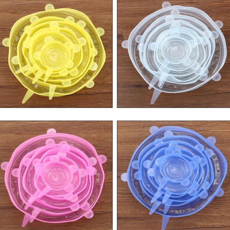 6PCS Food Cover Adjustable Elastic Silicone Cap Reusable Kitchen Utensil Storage Airtight Food Packaging Lids Accessories