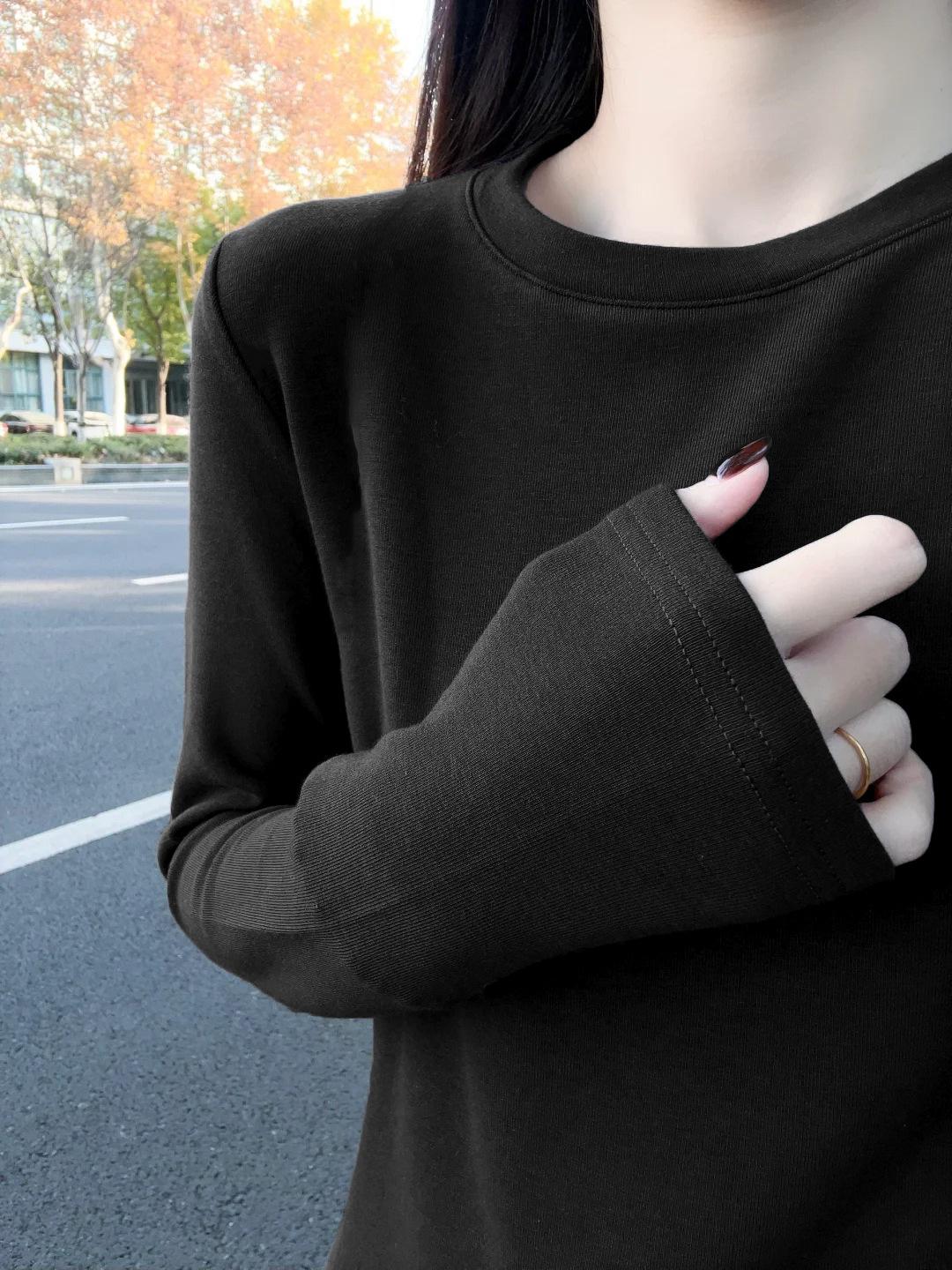 Women s Brushed Long Sleeve Round Neck Slim Fit Layering T-shirt for Spring S