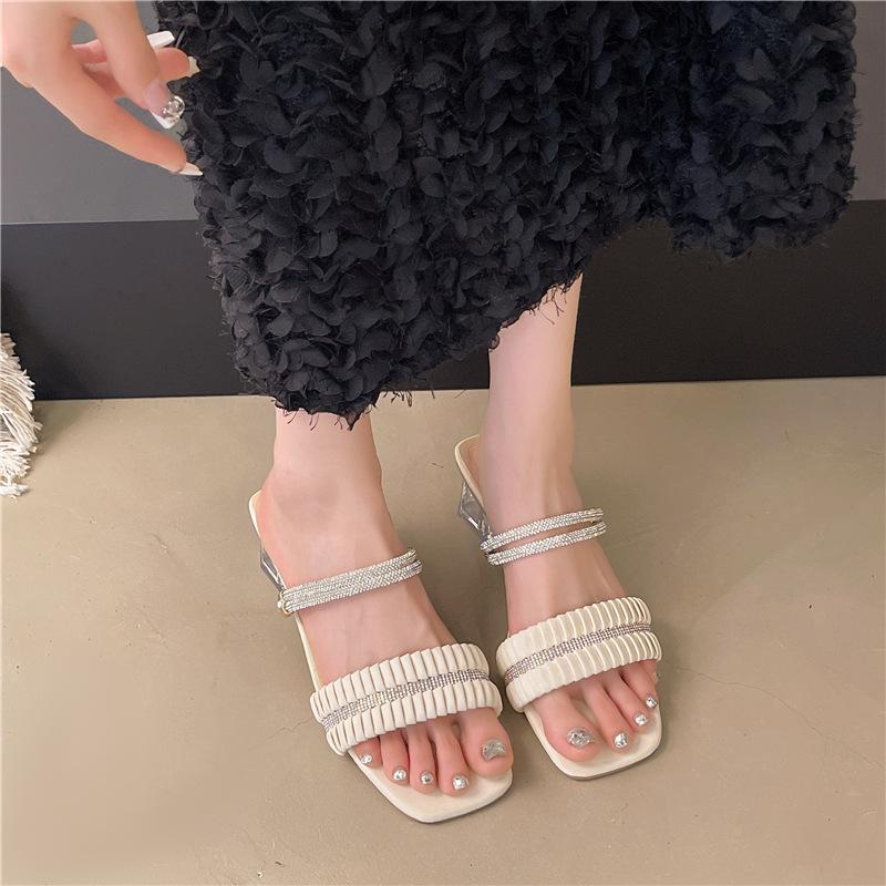 Temperament thick heel high heel slippers women's outerwear 2025 summer new rhinestone transparent crystal with skirt women's sandals