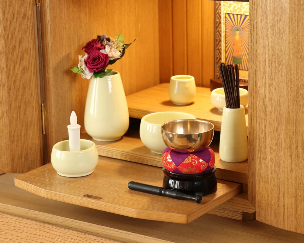Naamukumachan Koubou Buddhist Altar Set Orin Incense Burner Ash For Modern Mini Buddhist Maple Yellow Set Set, Ceramic, 6-piece + Set, Included,