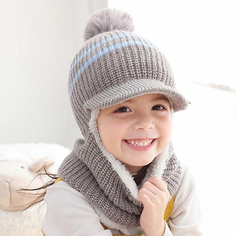 Kids' Winter Wool Hat with Velvet Lining & Duckbill Cap: Face Protection and Scarf Combo