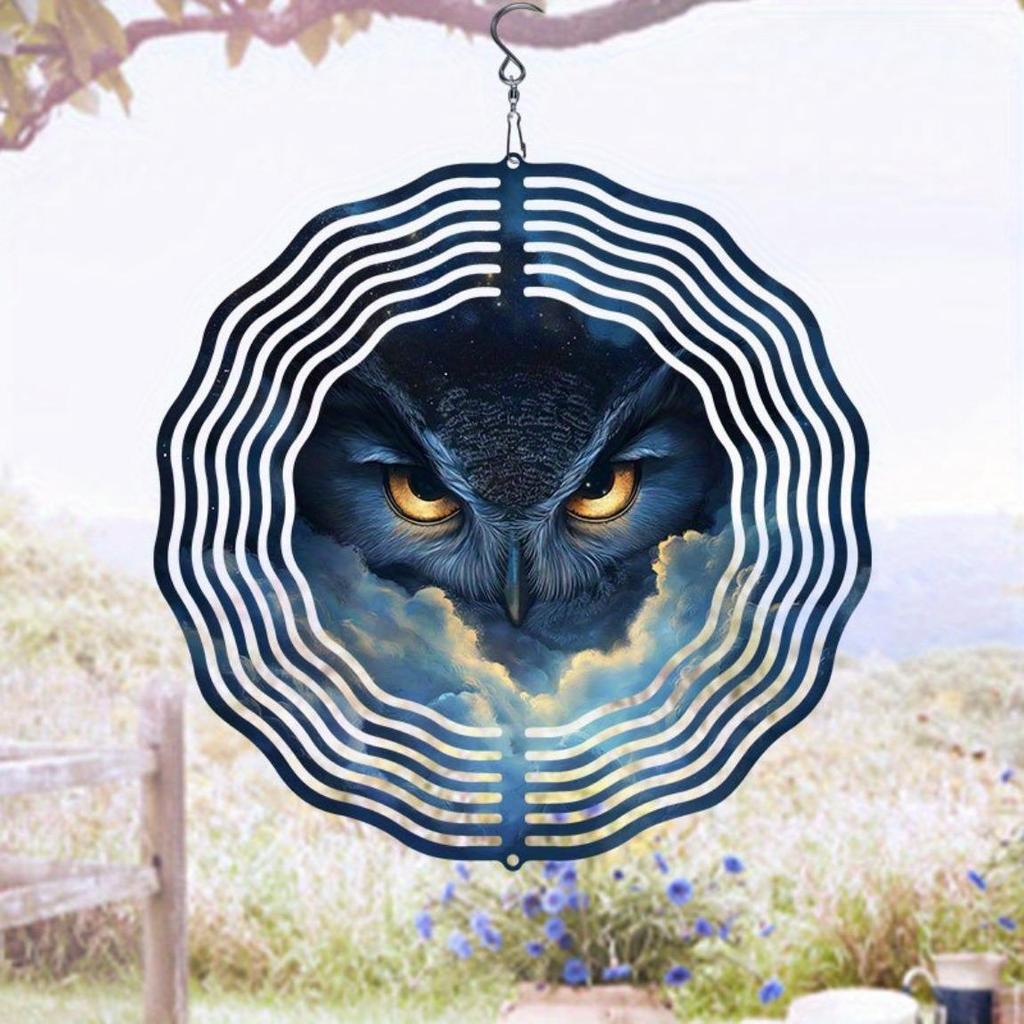 Metal Owl Wind Spinner 2D Rotating Garden Decor Outdoor Wind Chime for Patio Yard Balcony Decoration