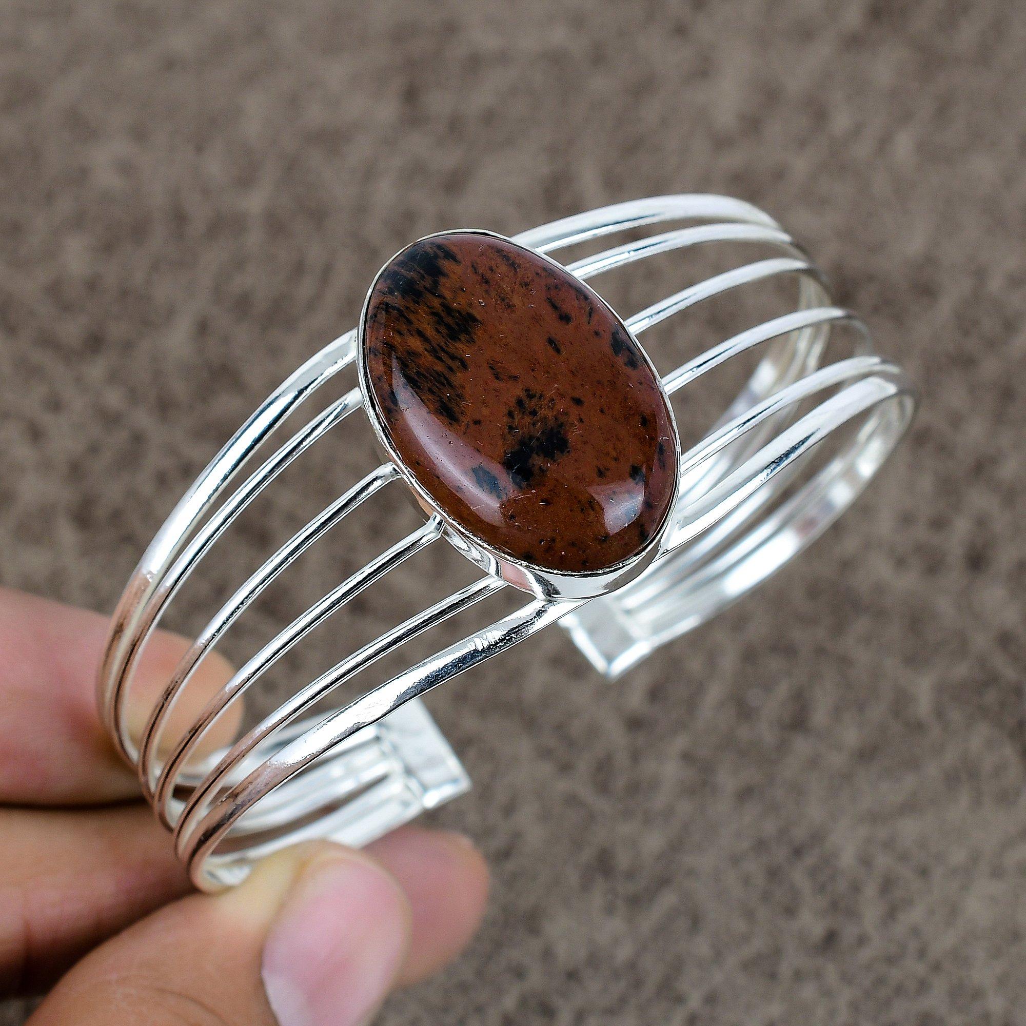 

Mahogany Obsidian Gemstone 925 Sterling Silver Cuff Bangle Adjustable KKG-185