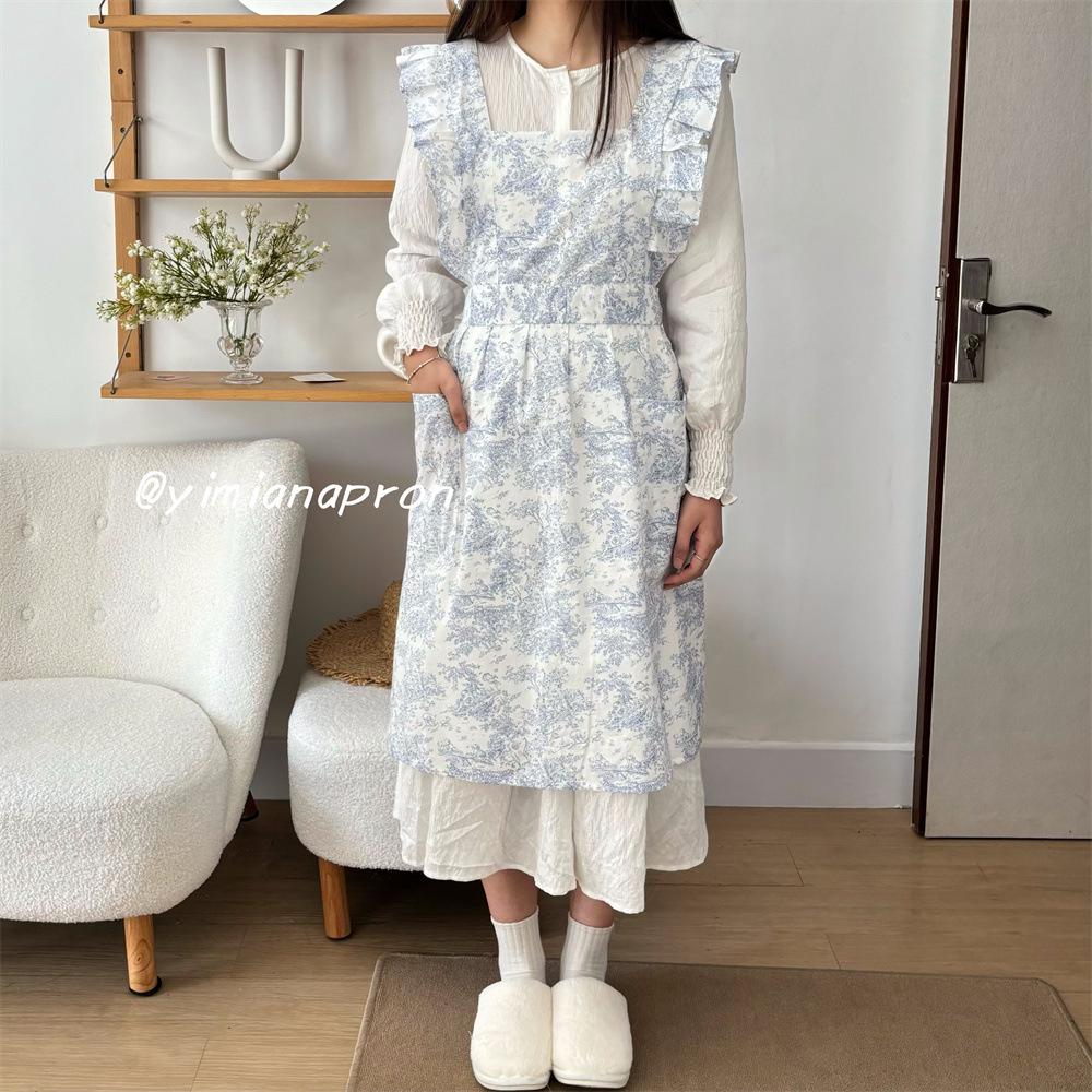 Ruffle French Ink Print Korean Style Pure Cotton Apron