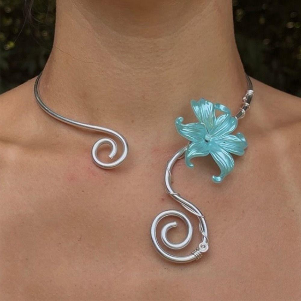 Flower Pattern Collar Necklace Colorful Women Necklace Vintage Iris Flower Necklace