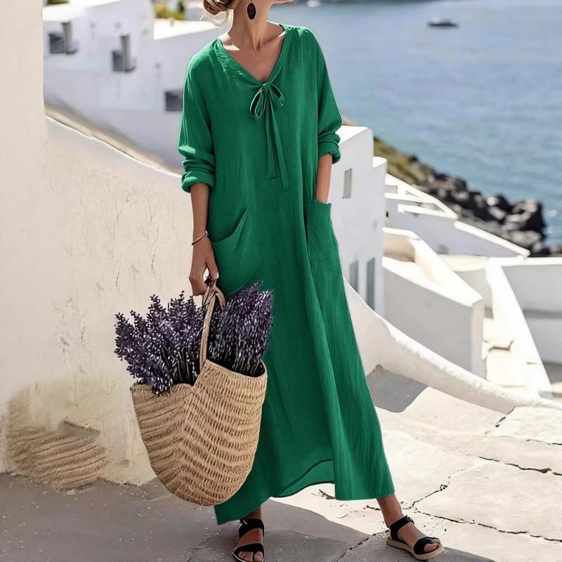 Neues lässiges Damen-V-Ausschnitt-Langarm-Locker Baumwoll-Leinen-Einfarbiges Damenkleid