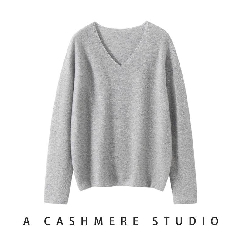 Women's Soft 100% Cashmere V-Neck Sweater - Loose Fit, Long Sleeve, Solid Color Knitwear for Autumn and Winter