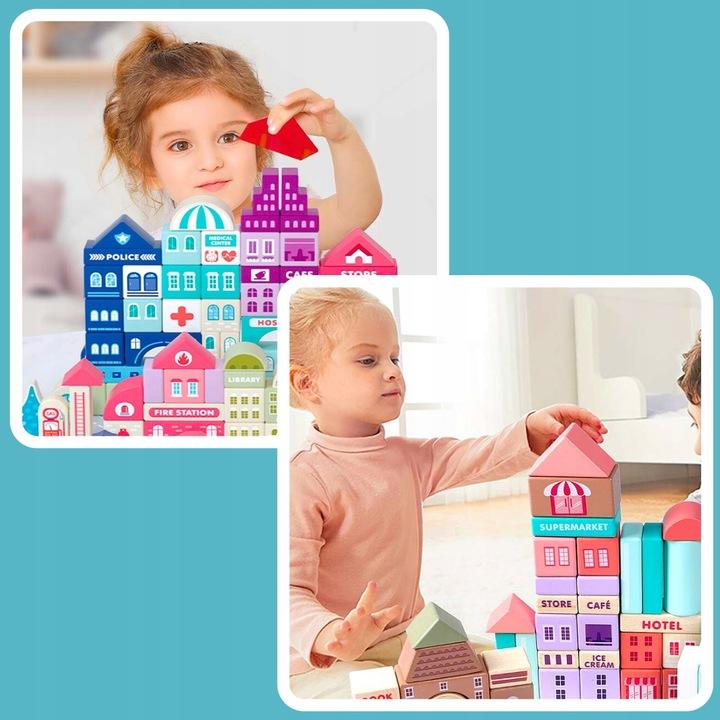 Zestaw Klocki Drewniane Miasto Auta Zestaw Puzzle Mata 115 Klocków Edu