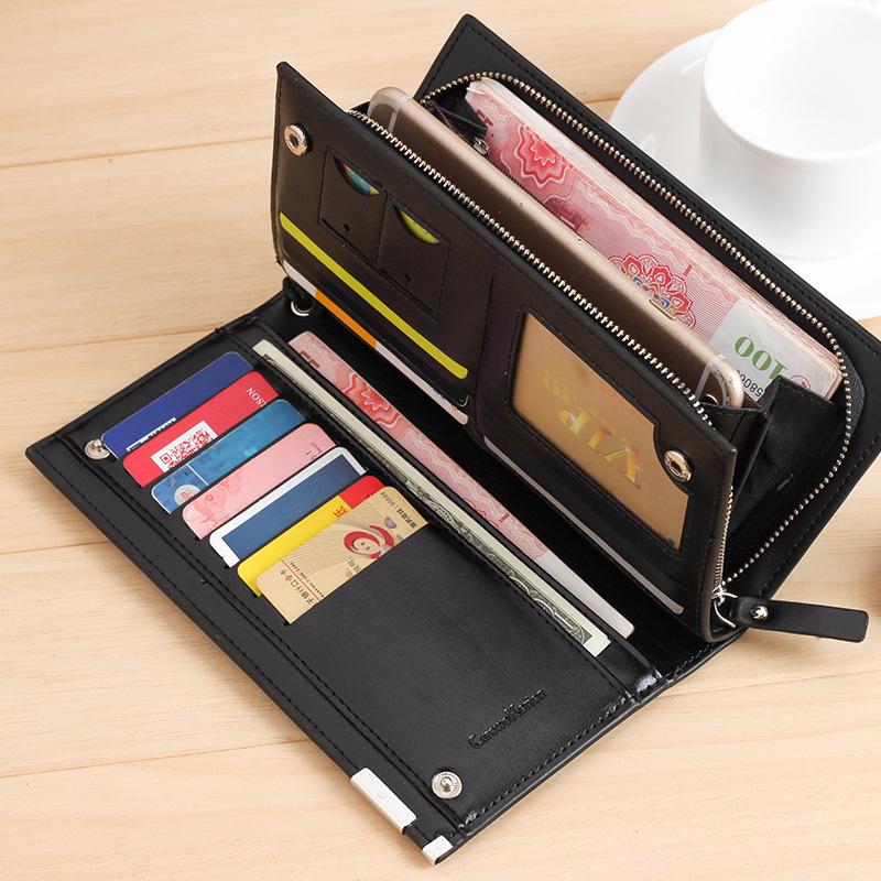 Carteira masculina de grande capacidade com zíper longo e compartimento para vários cartões