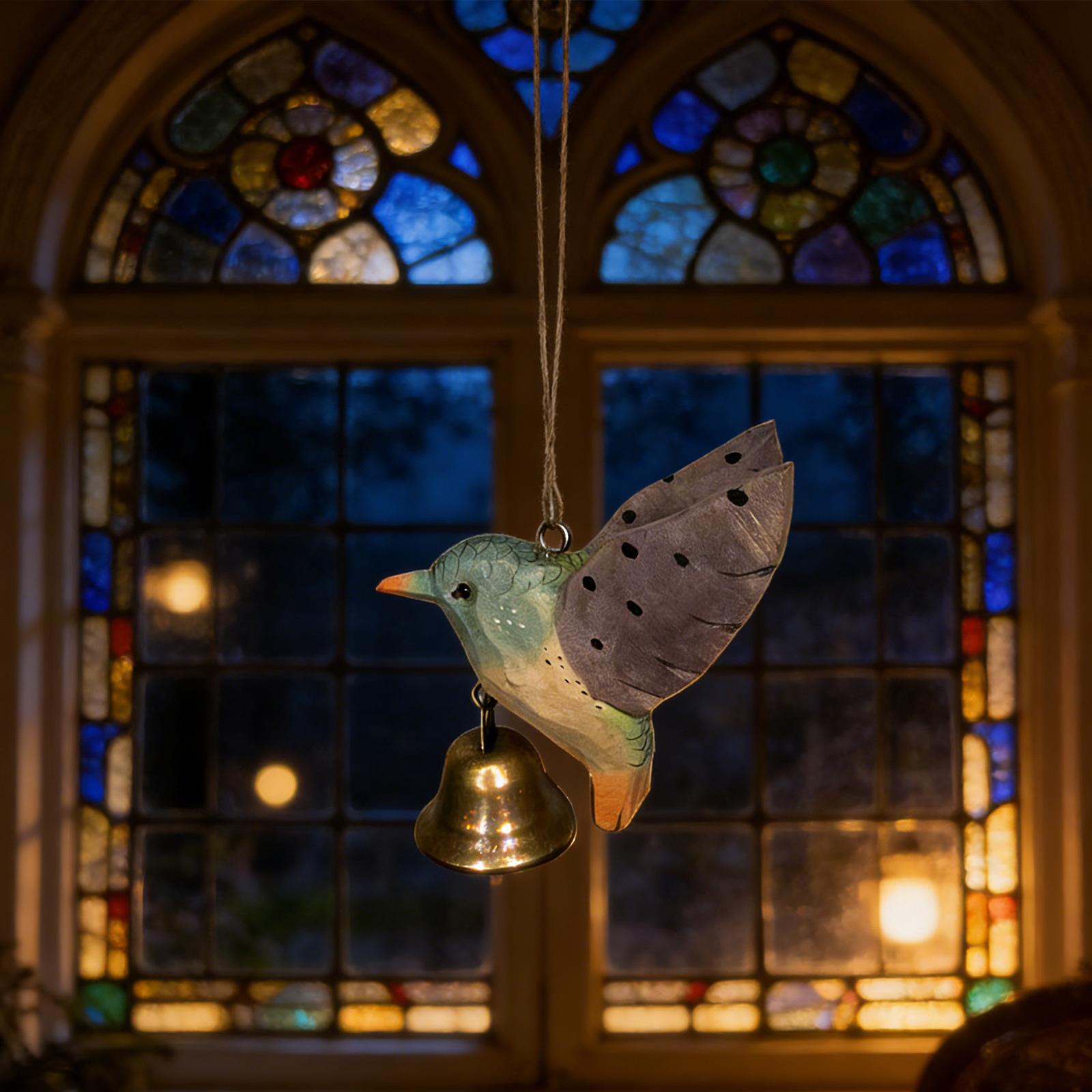 Hand Carved Wooden Hummingbird Figurines with Bells Wood Hummingbird Wind Chimes Small Animal Statues Hanging Ornament