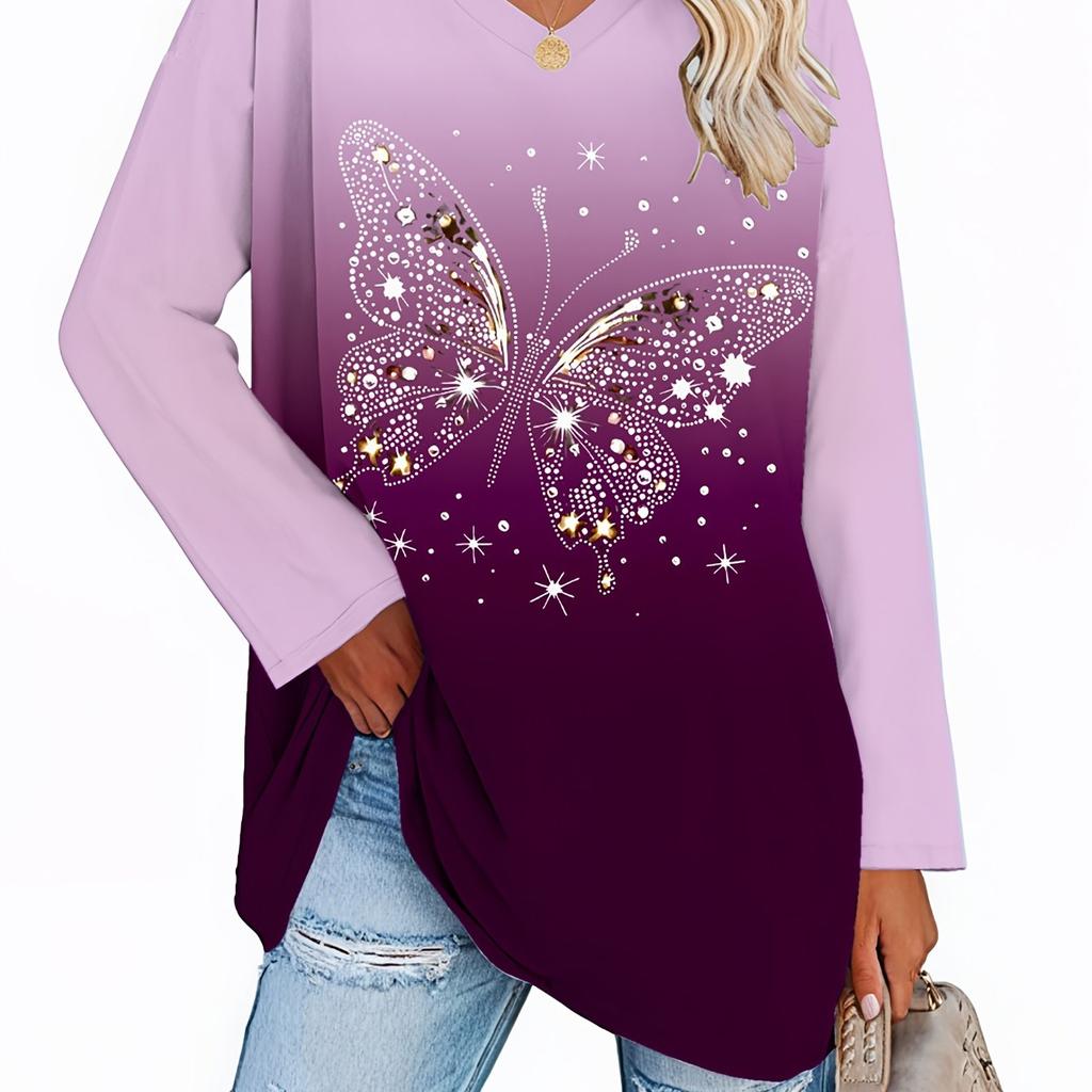 2025 Fashion Women's Basic V-Neck Long Sleeve,Butterfly Printed Polyester Relaxed Fit Tees Shirt,Spring Fall Casual Comfort Tops