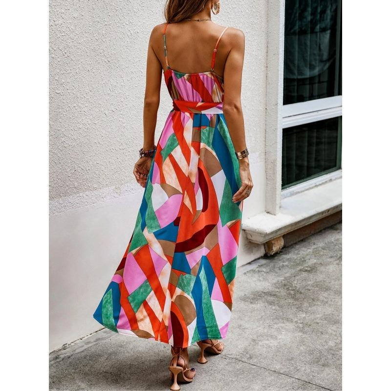 Women Print Maxi Dress Spaghetti Strap V Neck Split Casual Bohemian Summer Beach Long Dress