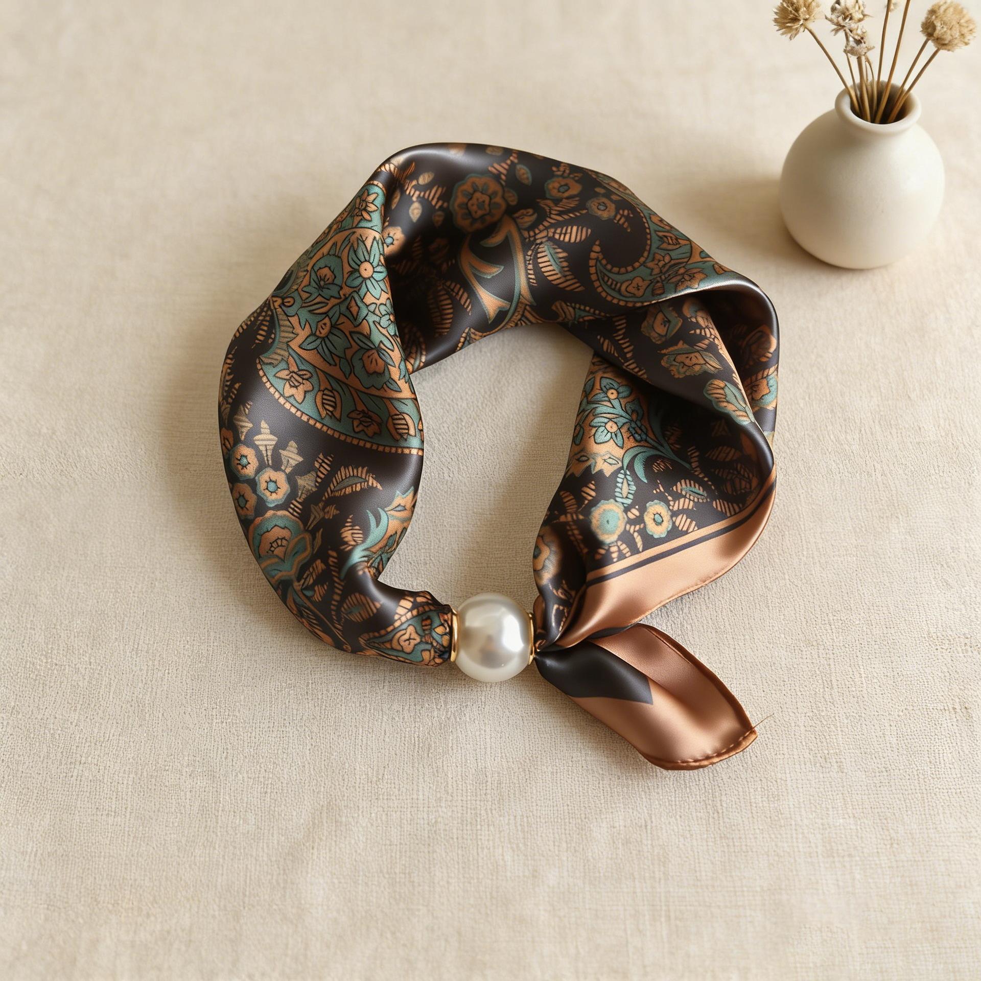 Luxe Zijden Sjaal Gesp Dunne Kraagbeen Parel Luie Magnetische Ketting Vrouwelijke Nek Sjaal Hanger Sjaal Wraps Vrouw Designer Merken 47x15cm black