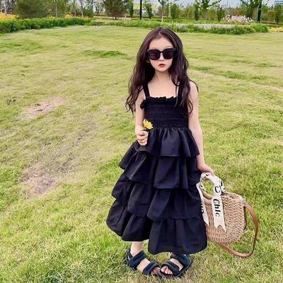 Summer Junior Girls Sling Dress Cotton Ruched Waist Sleeveless Toddler Girls Cake Dress Solid Versatile Kids Girls Dresses