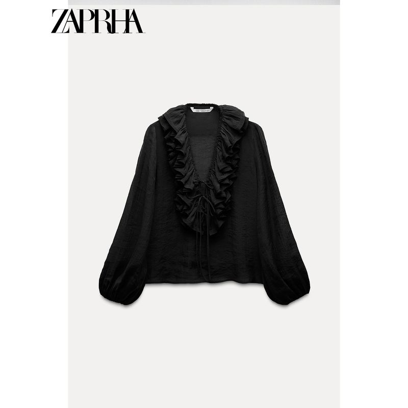 Zaprha Fashionable Shoelace Drape Smock Top Deep V Neck French Ruffles Long Sleeves Shirt for Women 8544207