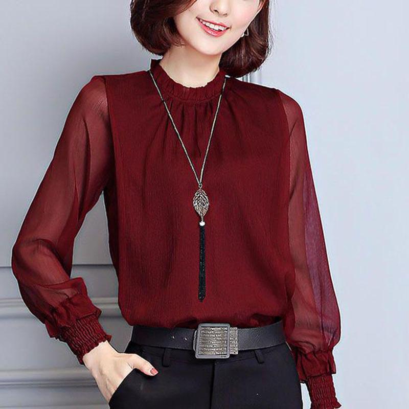 Womens Spring Chiffon Shirt With Lace Vneck And Long Sleeves For Casual Daily Wear