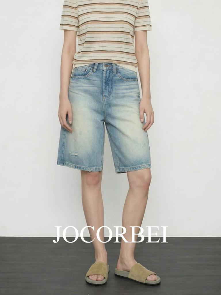 JOCORBEI Retro Ripped Cotton Distressed Straight Denim Shorts (Spring 2026)