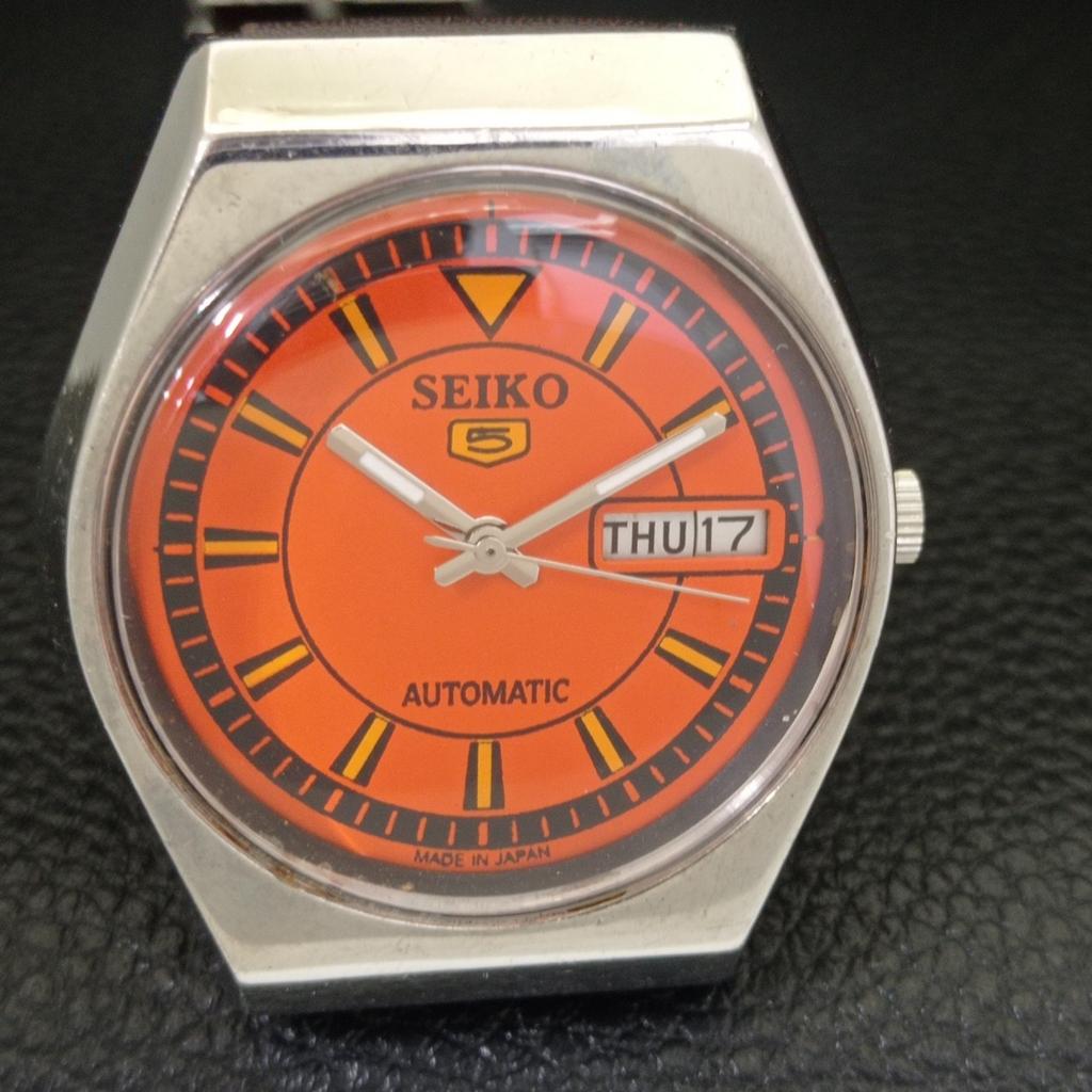 VINTAGE SEIKO 5 AUTOMATIC JAPAN 6309A MENS ORANGE COLOR DIAL WATCH A702711-1 R210-a702711