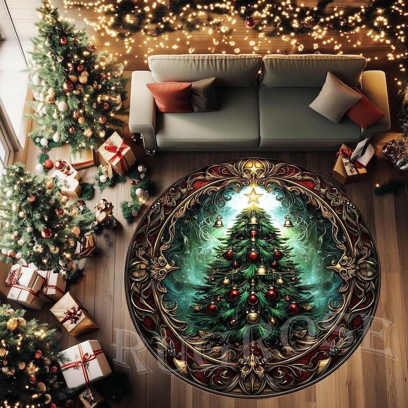 

Christmas Tree Snowflake Round Rug, Holiday Decor Mat for Living Room Bedroom Entryway, Festive Xmas Carpet Home Accent Diameter 60cm