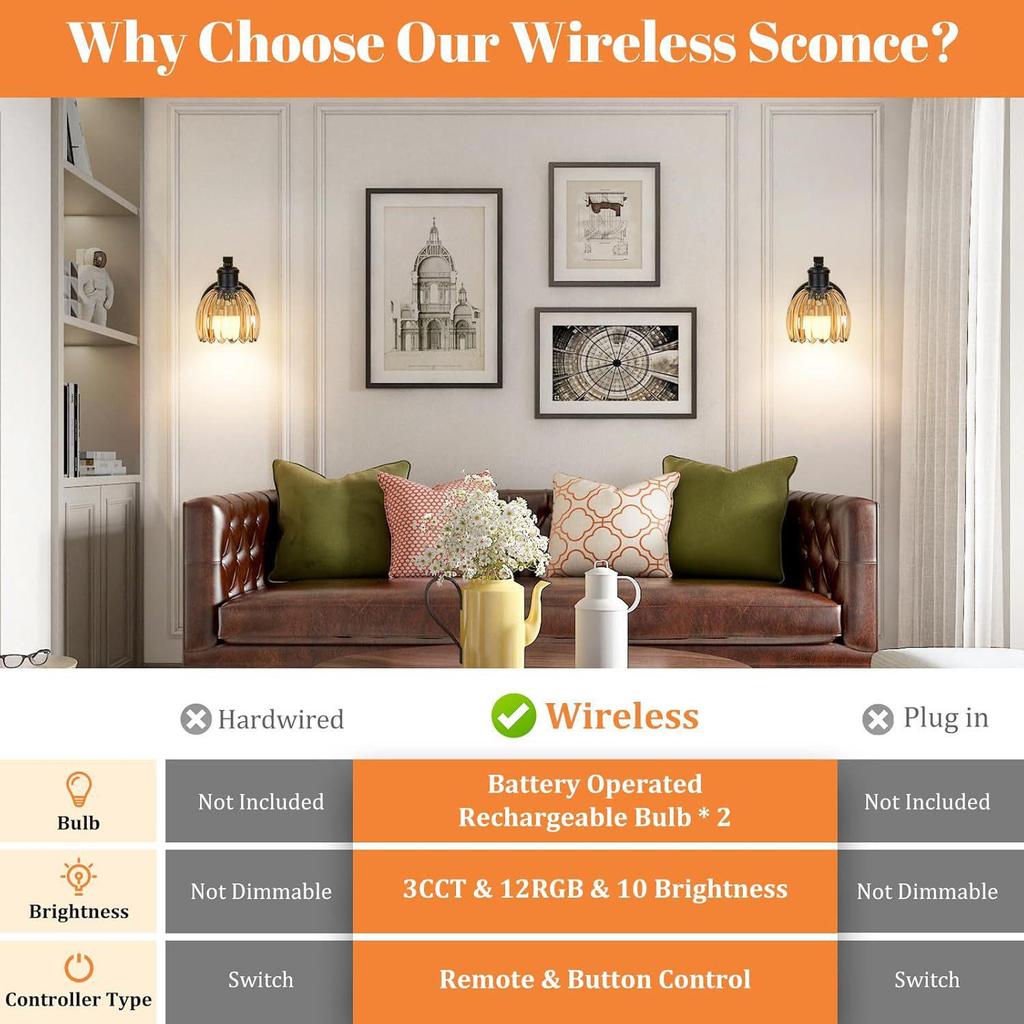 Tulpen Glas RGB Wandleuchte: Wiederaufladbares kabelloses Nachttisch- und Wohnzimmerlicht