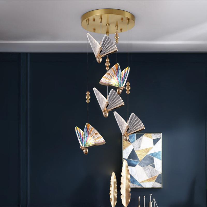 Nordic Duplex Luxury Living Room Background Wall Creative Decoration Rotating Staircase Butterfly Attic Hollow Chandelier
