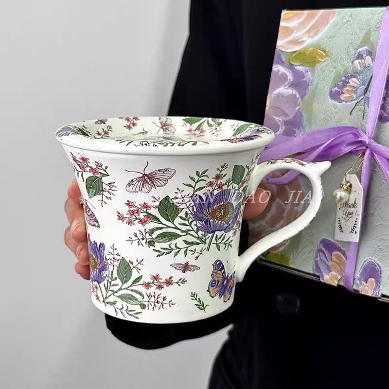 High-Value Retro Coffee Cup And Saucer Set, Crape Myrtle Flower High-End Exquisite Gift Box For Housewarming, Wedding Birthday Gift 450ml