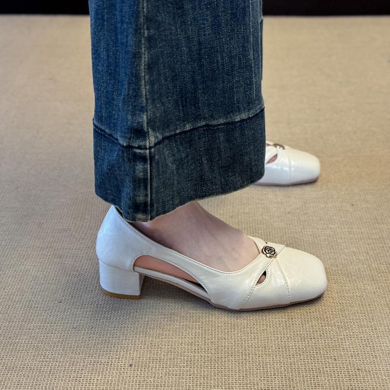 Fairy Style~ French Soft Leather Medium Heel Cool Single Shoes Women's Camellia Thick Heel Square Head Light Mouth Versatile Mary Jane Shoes