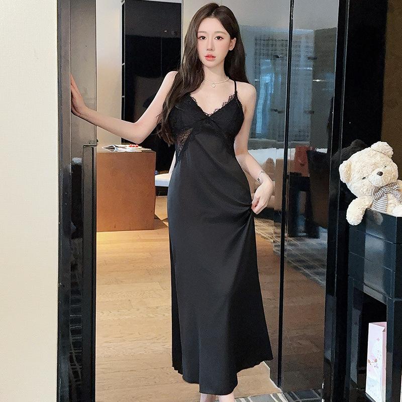 French pajamas women's summer ice silk suspender nightgown two-piece set sexy back waist thin nightgown with chest pad