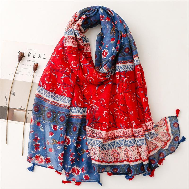 Red & Blue Ethnic Floral Cotton Scarf - Soft Bali Style Shawl for Women