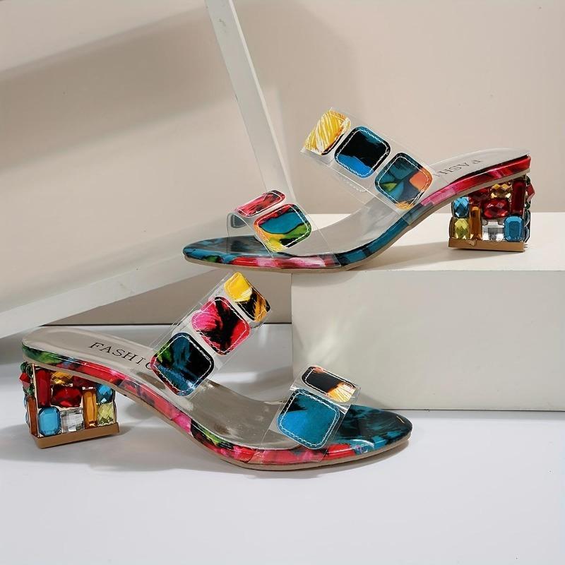Women's Colorful Chunky Heeled Sandals Rhinestone Decor Slip On Open Toe Mid Heels Stylish Daily Wear Sandals