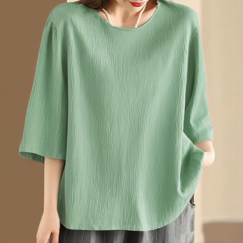 

ZANZEA Женская повседневная блузка с круглым вырезом, свободного кроя, с рукавами 3/4, однотонная 4XL зелёный