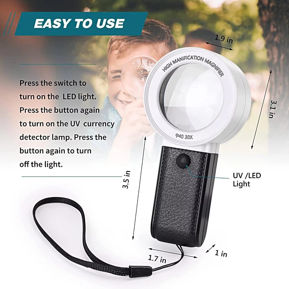 Handheld 30X Magnifying Glass with Professional LED Light Jewelry Appraisal Magnifying Glass