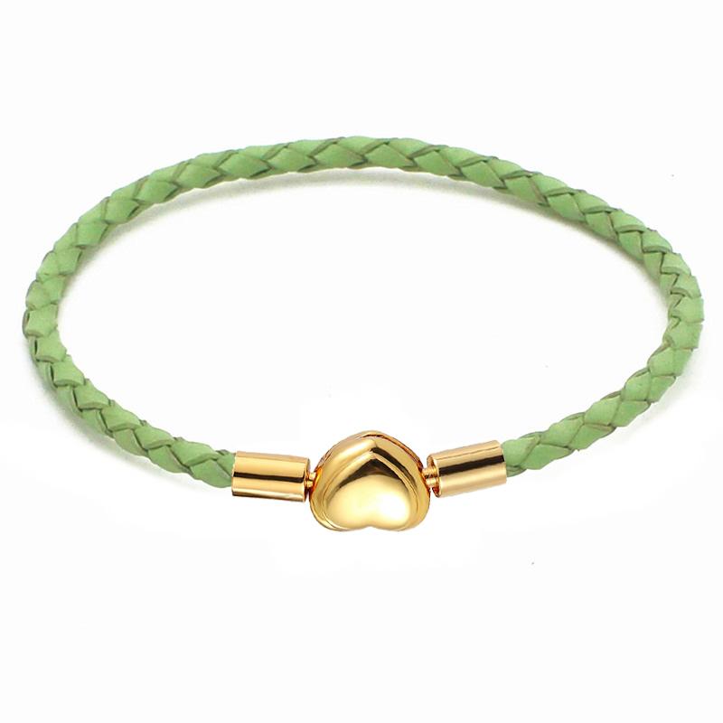 Fashion Women Gold Plated Lover Bracelet Bangle Leather Chain With Love STAINLESS STEEL Clasp Pan Bracelet Bead Charms Bracelet