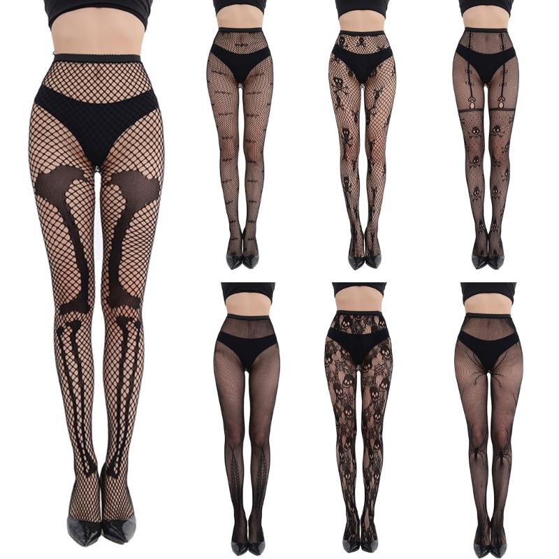 Women Halloween Party Fishnet Pantyhose Stockings Vintage Skull Skeleton Ghostly Patterned Mesh Tights Hosiery Clubwear