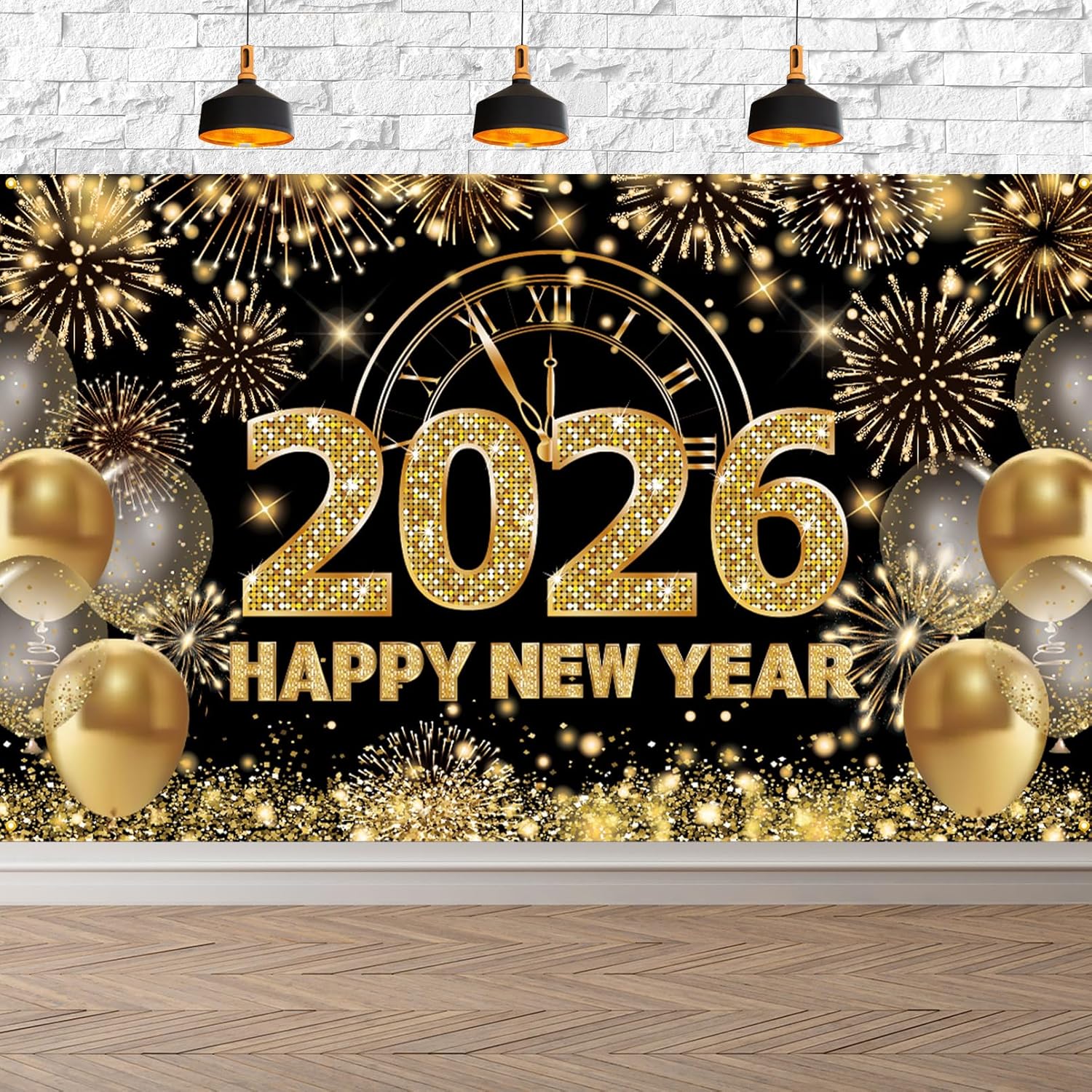 Large Happy New Year 2026 Banner, Black and Gold Happy New Year 2026 Banner, NYE Party Decorations for Boys, Girls, Friends, Celebrations Party Decor