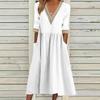 Women Midi Dress Half Sleeves V Neck Cutout Patchwork Pleated Daily Wear A-line
