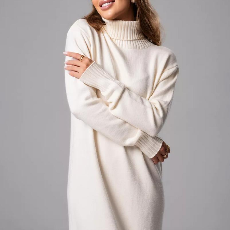 GMXIA Women's High Neck Knit Dress Autumn and Winter New Loose Inside-out Solid Color Thin Sweater Dress