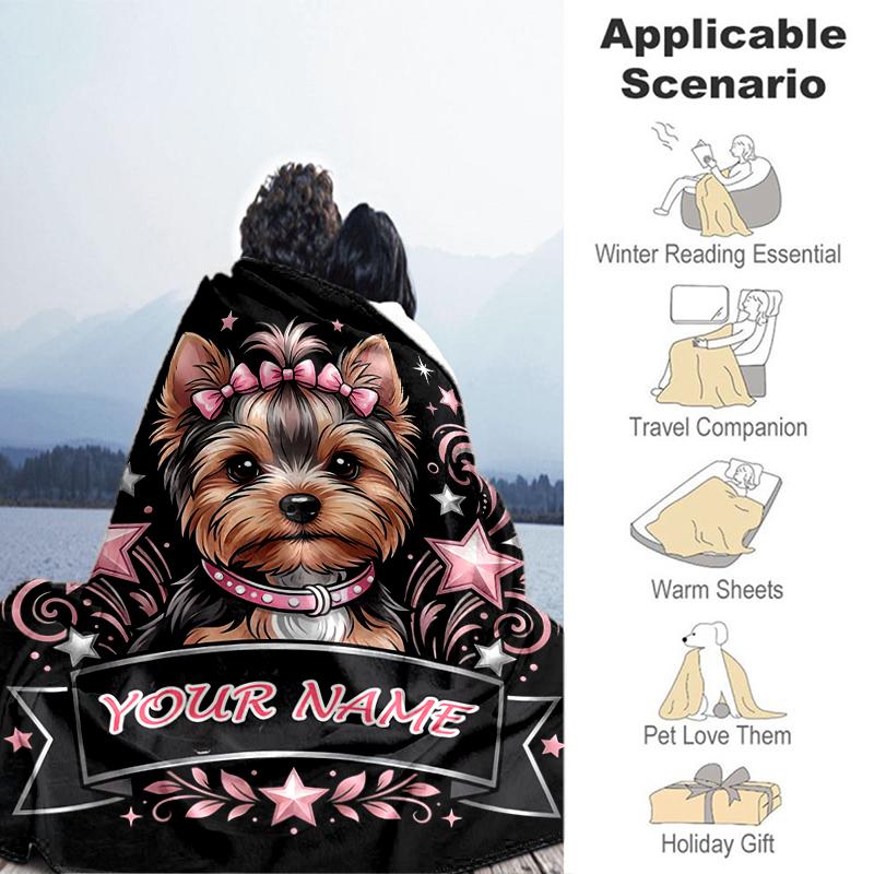 1PC Custom Name Yorkie Star flannel blanket versatile,all-season throw suitable for the living room,bedroom,camping,travel,and gift