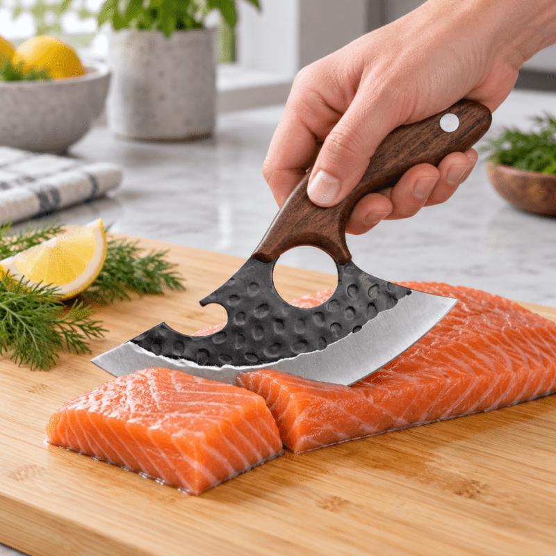 Hand Forged Curved Kitchen Knife, Hammer Pattern High Carbon Steel Blade, Ergonomic Wooden Handle, Matching Leather Sheath Included