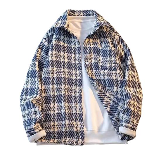 Men Woolen Jacket Lapel Long Sleeve Plaid Pattern Single-Breasted Coat with Chest Pocket Loose Fit Jacket Coat
