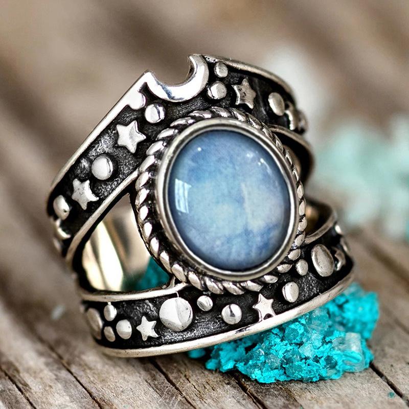 2026 New European and American Star Moon Retro Ring, Female Design Sense, Personality Temperament, Punk Trend, Antique Zircon 6