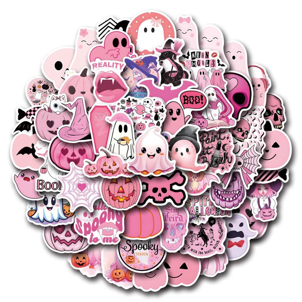 60-Piece Pink Halloween Waterproof Sticker Set for Planners, Water Bottles, and Computers
