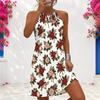 Women Plus Size White Criss Cross Cutout Neck Sleeveless Floral Printed Fitted Curved Hem Dress