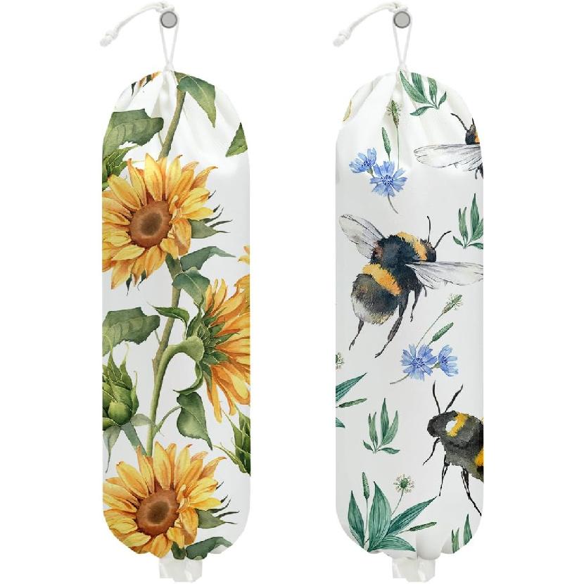 2Pcs Bee Plastic Bag Holder, Wall Mount Grocery Bag Holder for Plastic Bags, Sunflower Reusable Grocery Bags Storage Dispenser for Home Kitchen