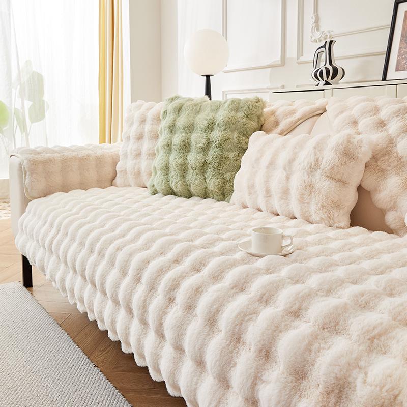 Nordic Minimalist Winter-Style Thick Plush Rabbit Fur Sofa Cushion & Non-Slip Cover