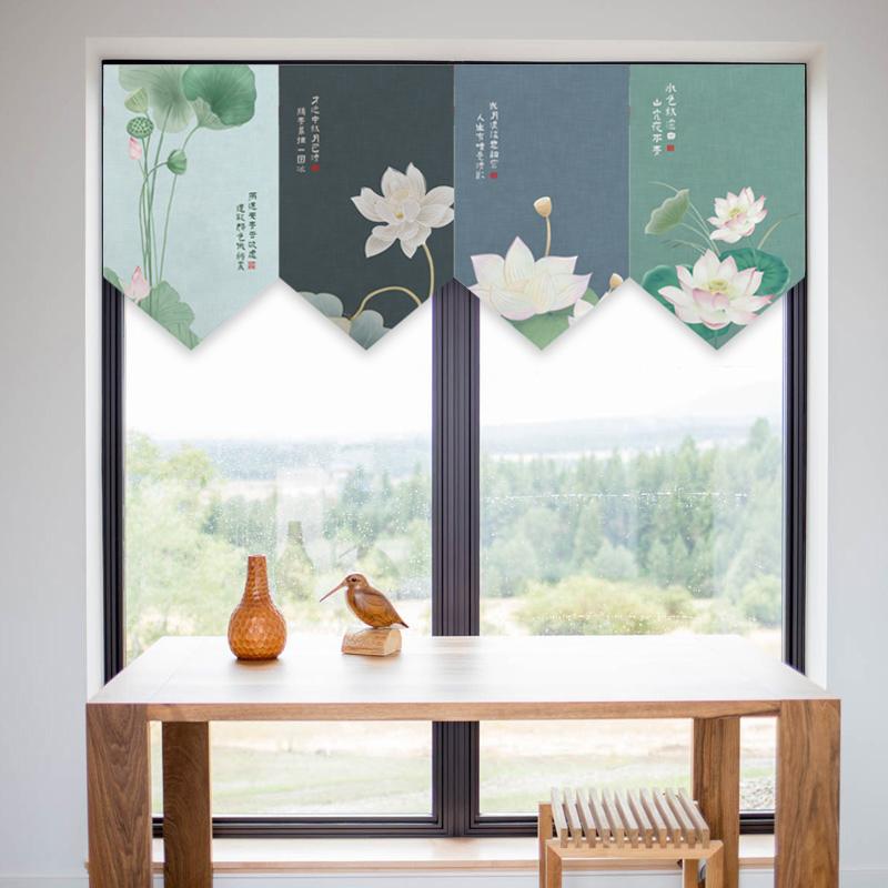 Chinese Half Curtain Ancient Style Lotus Printed Pennant Kitchen Door Short Curtain Home Bedroom Window Decor Window Shade
