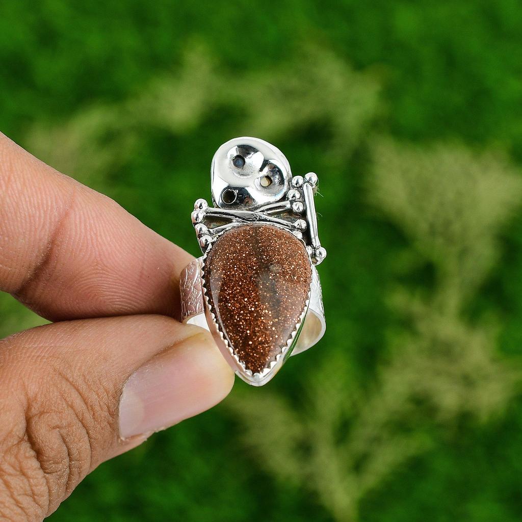 Natural Sunstone Gemstone Statement Skull And Bone Adjustable Ring 925 Silver